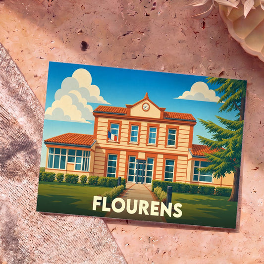 Carte postale souvenir de la ville de Flourens avec une illustration stylisée de sa mairie.