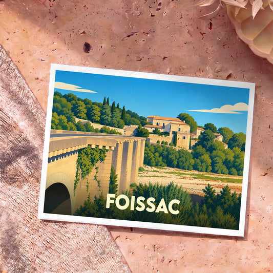 Carte postale souvenir de la ville de Foissac avec une illustration stylisée de son pont et de son village.