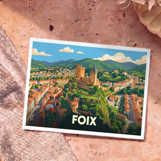 Carte postale souvenir de la ville de Foix illustrant son château et ses paysages dans un style graphique épuré.