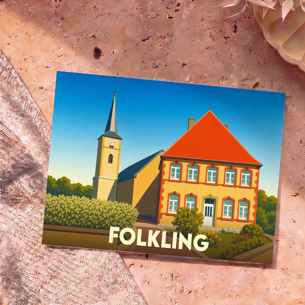 Carte postale souvenir de la ville de Folkling avec une illustration stylisée représentant son église et son presbytère.