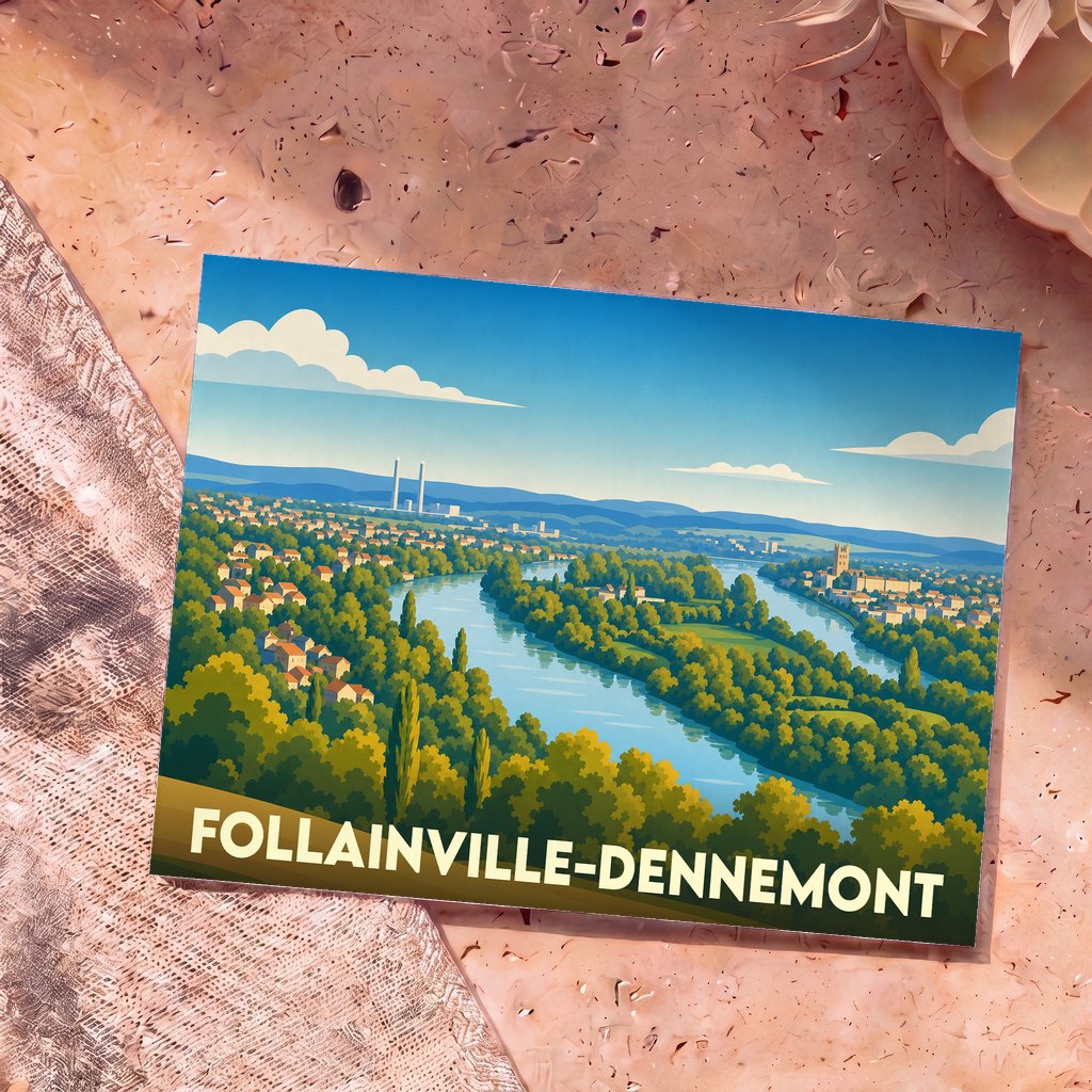 Carte postale souvenir de la ville de Follainville-Dennemont illustrant un paysage de bord de Seine.