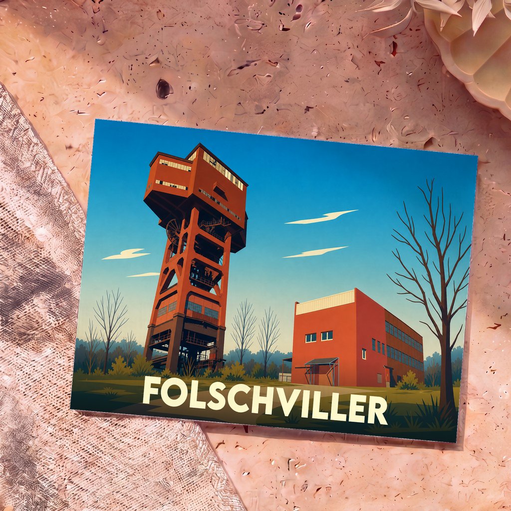 Carte postale souvenir de la ville de Folschviller illustrant son célèbre chevalement de mine dans un style graphique épuré.