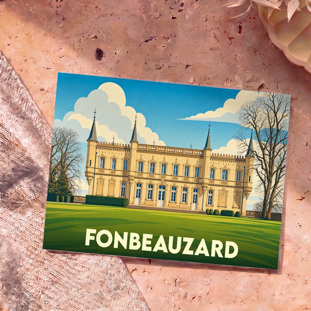 Carte postale souvenir de la ville de Fonbeauzard avec une illustration stylisée d'un château.