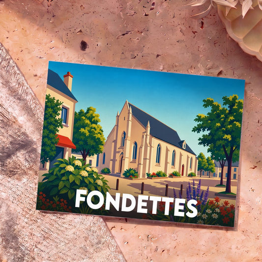 Carte postale souvenir de la ville de Fondettes avec une illustration stylisée de son église et de ses maisons.