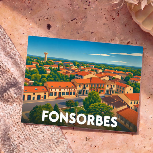 Carte postale souvenir de la ville de Fonsorbes avec une illustration stylisée.
