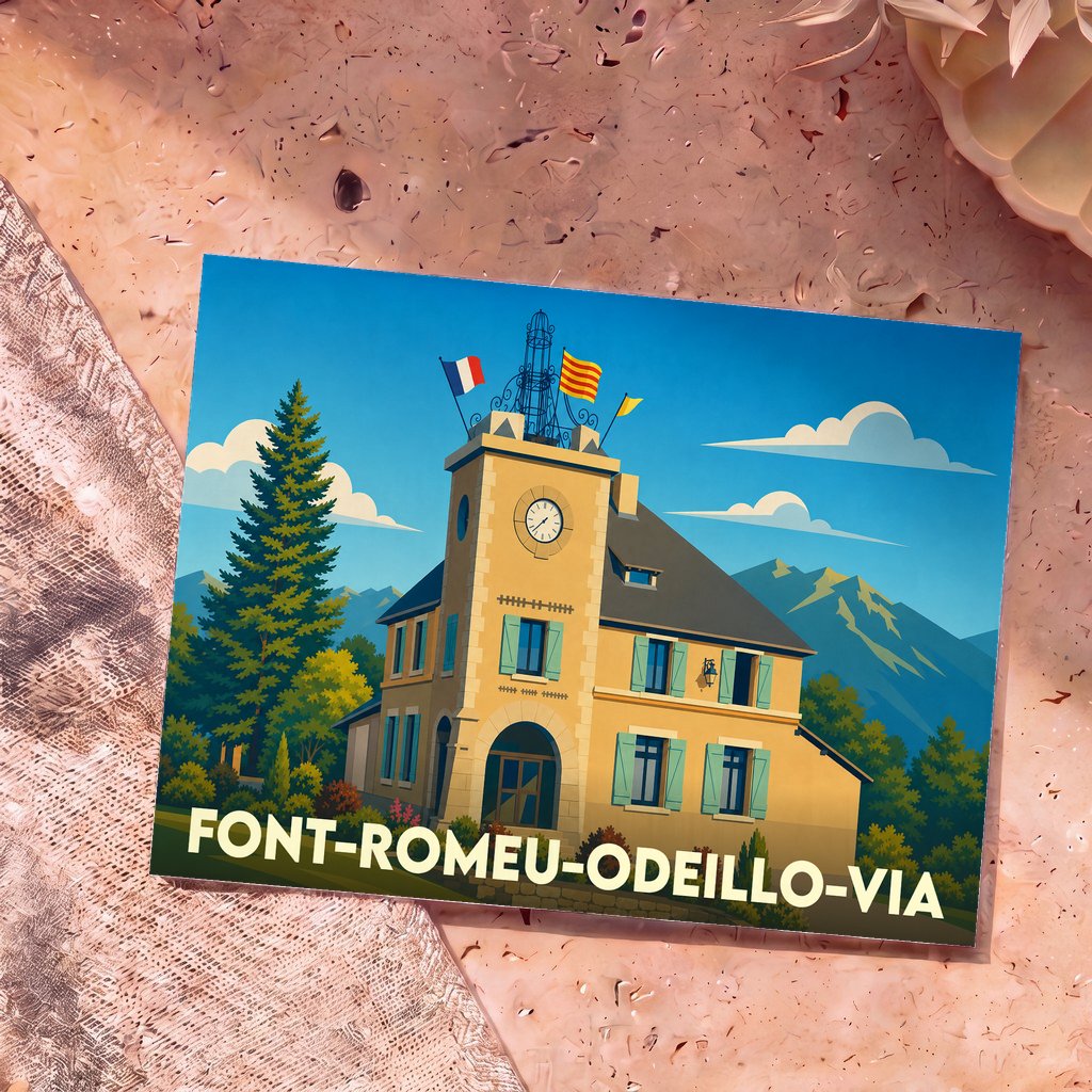 Carte postale souvenir de Font-Romeu-Odeillo-Via avec une illustration stylisée d'un bâtiment emblématique sous un ciel bleu.