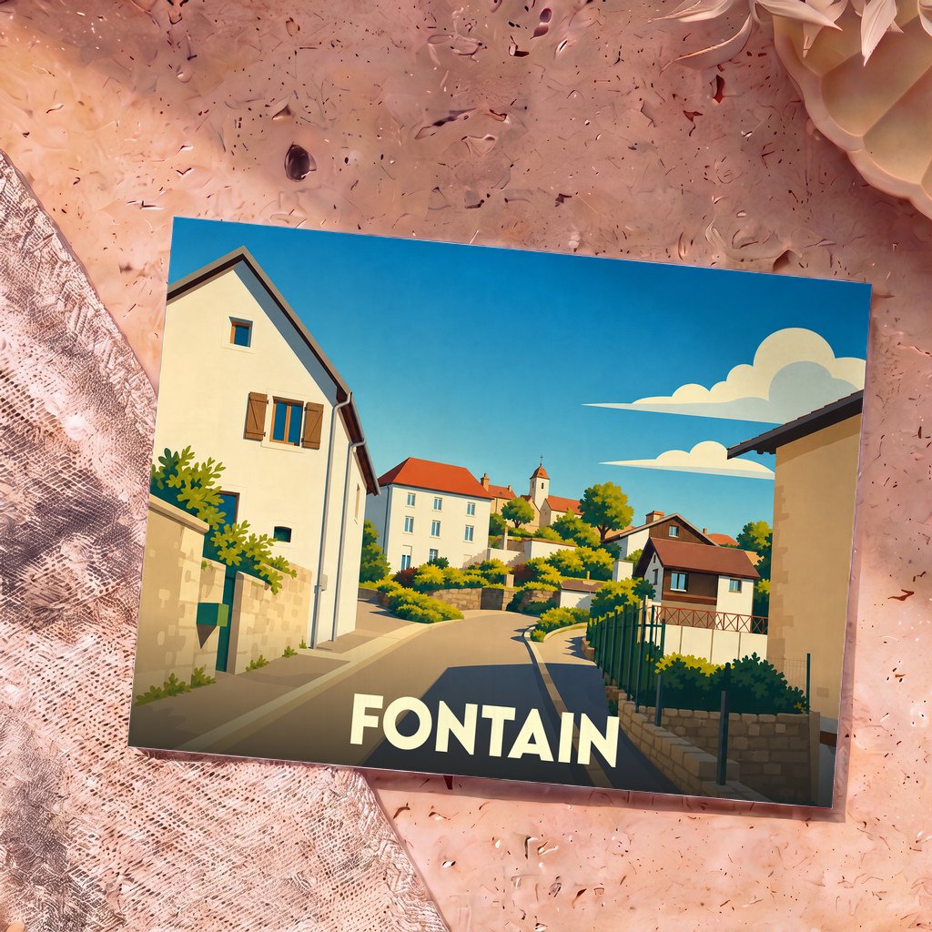 Carte postale souvenir de la ville de Fontain avec une illustration stylisée d'un village ensoleillé.