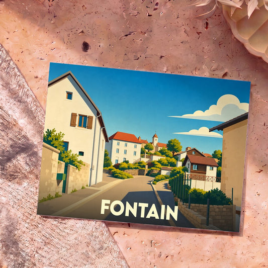Carte postale souvenir de la ville de Fontain avec une illustration stylisée d'un village ensoleillé.