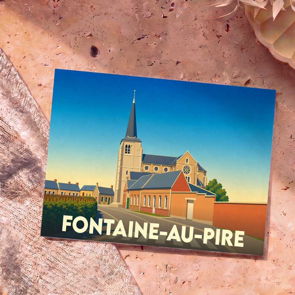 Carte postale souvenir de Fontaine-au-Pire arborant une illustration stylisée de son église et de ses maisons.