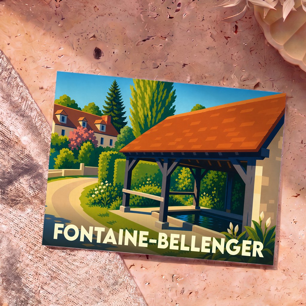 Carte postale souvenir de Fontaine-Bellenger arborant une illustration colorée et stylisée d'un lavoir traditionnel.