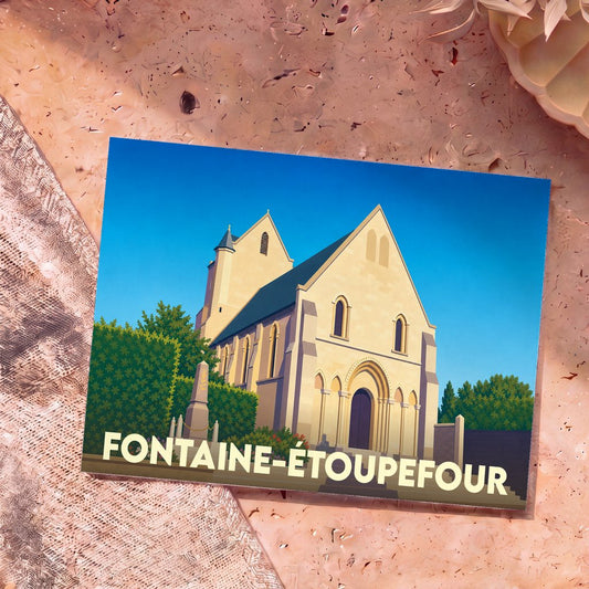Carte postale souvenir de la ville de Fontaine-Étoupefour avec une illustration stylisée de son église.