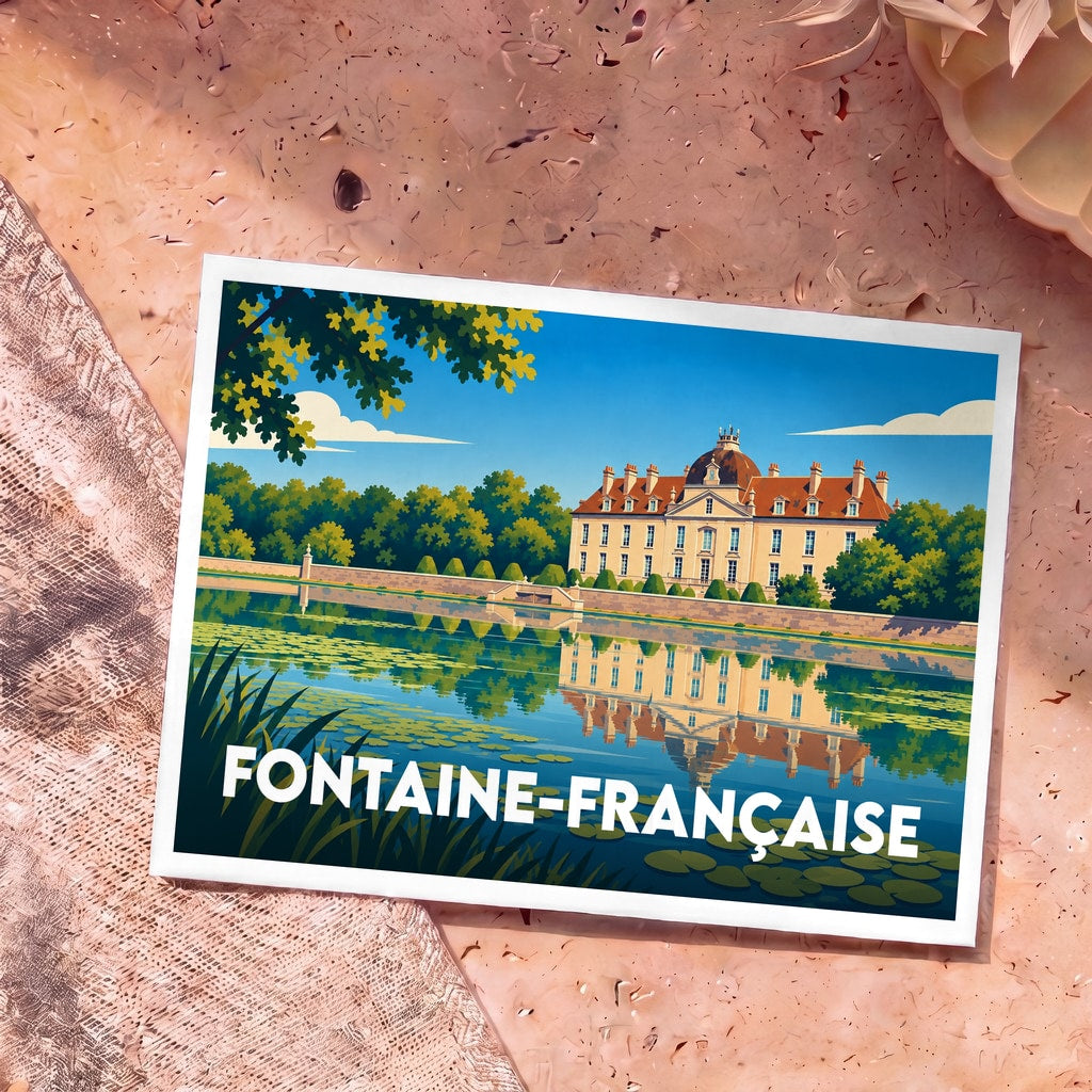 Carte postale souvenir de la ville de Fontaine-Française avec une illustration stylisée d'un château se reflétant sur l'eau.
