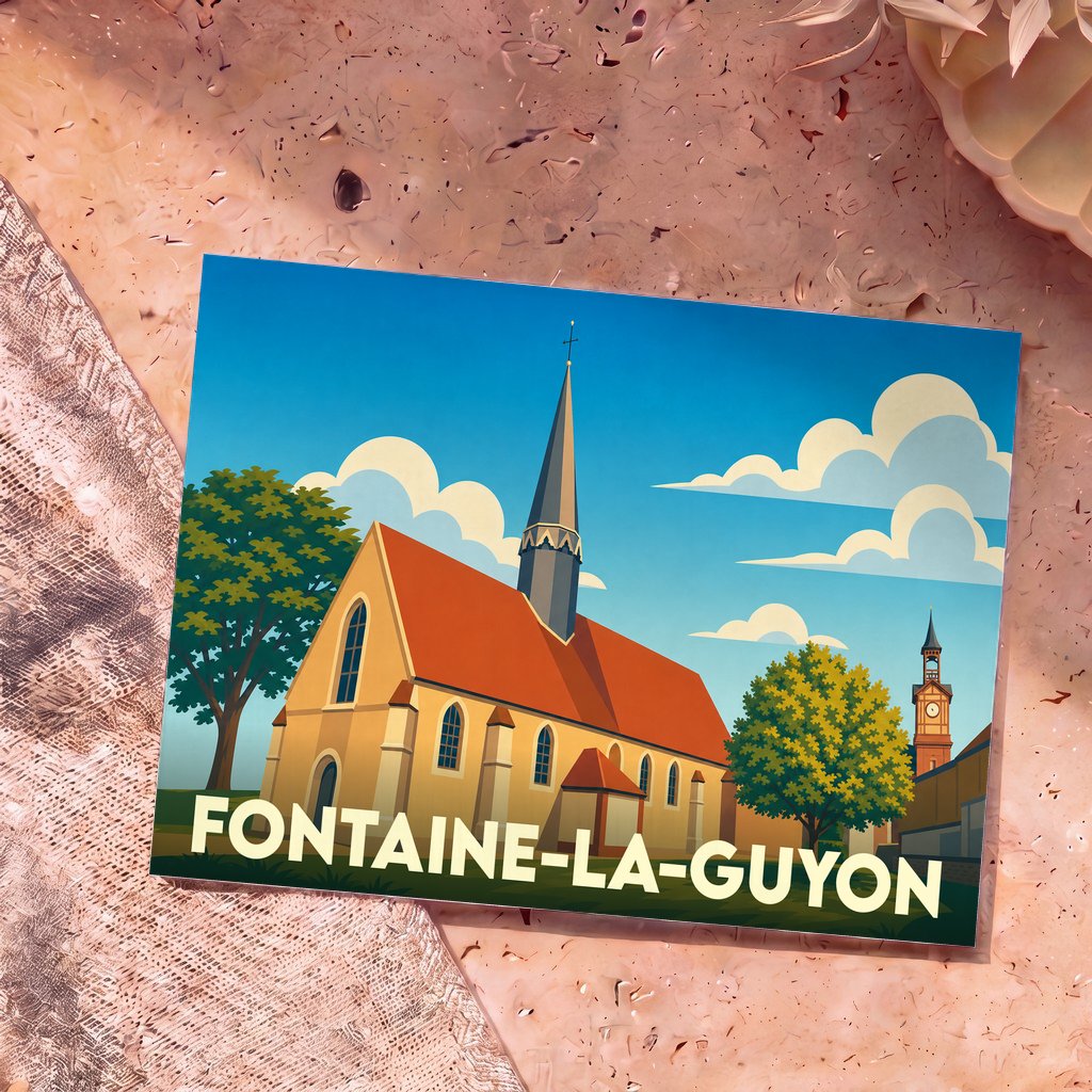 Carte postale souvenir de la ville de Fontaine-la-Guyon avec une illustration stylisée de son église.