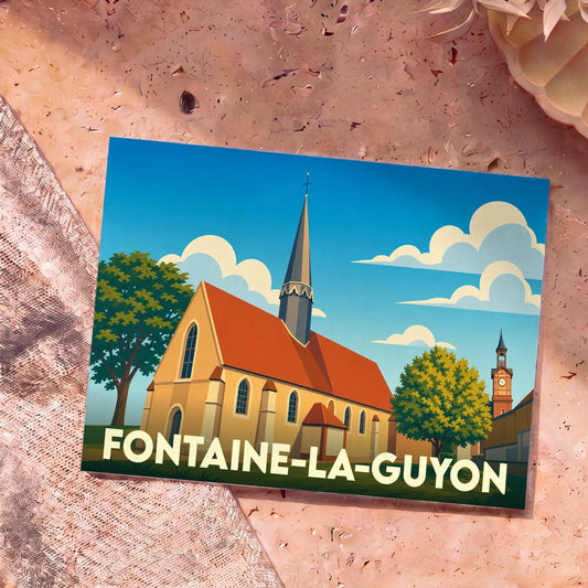 Carte postale souvenir de la ville de Fontaine-la-Guyon avec une illustration stylisée de son église.