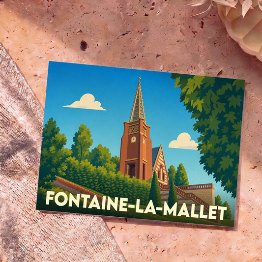 Carte postale souvenir de Fontaine-la-Mallet avec une illustration stylisée de son église entourée de verdure.
