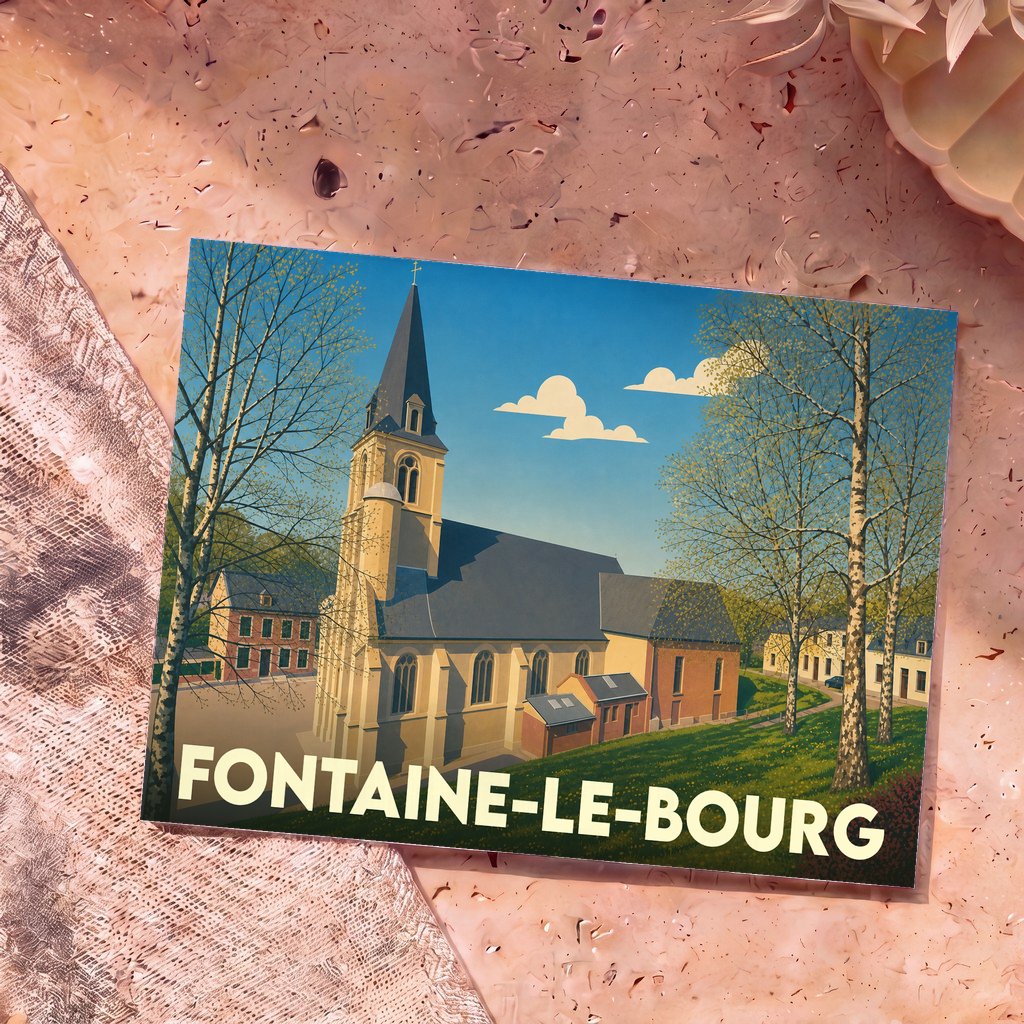 Carte postale souvenir de la ville de Fontaine-le-Bourg illustrant son église dans un style graphique épuré.