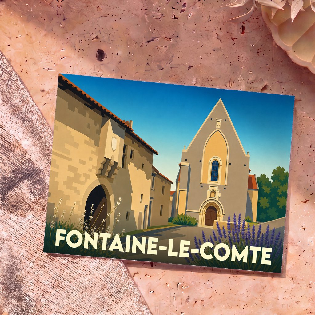 Carte postale souvenir de la ville de Fontaine-le-Comte avec une illustration stylisée de son patrimoine architectural.