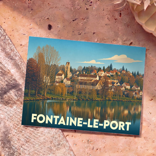 Carte postale souvenir de la ville de Fontaine-le-Port avec une illustration stylisée des bords de Seine.