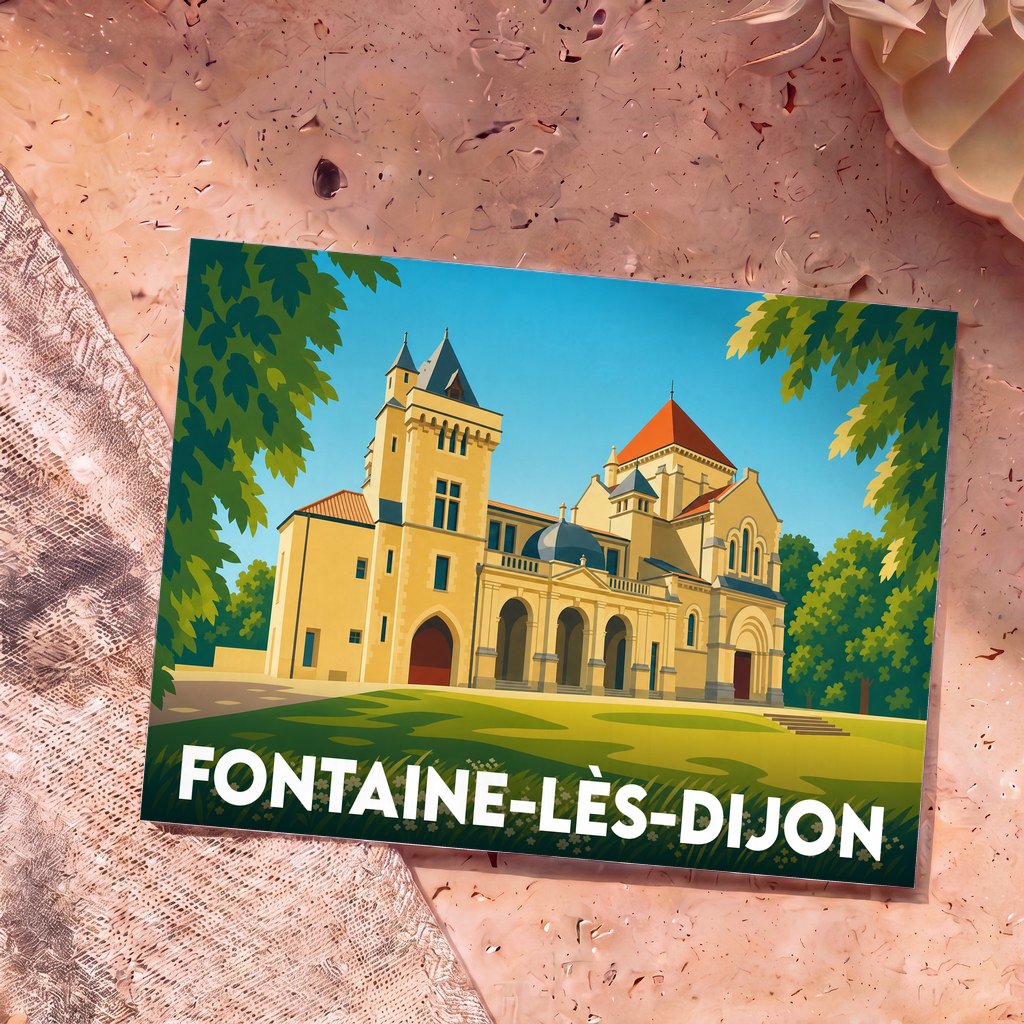 Carte postale souvenir de Fontaine-lès-Dijon arborant une illustration stylisée de son patrimoine architectural.