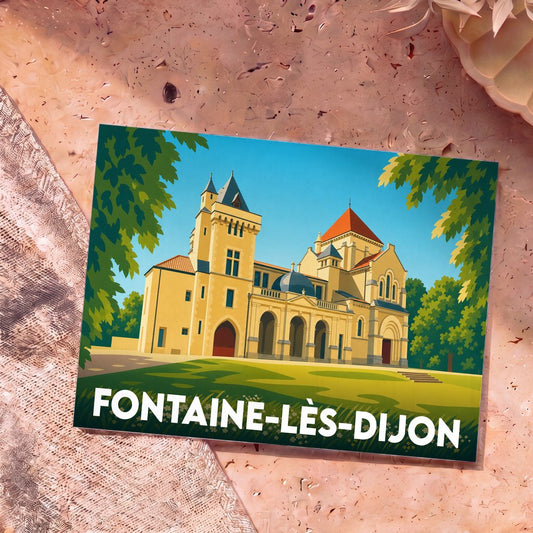 Carte postale souvenir de Fontaine-lès-Dijon arborant une illustration stylisée de son patrimoine architectural.