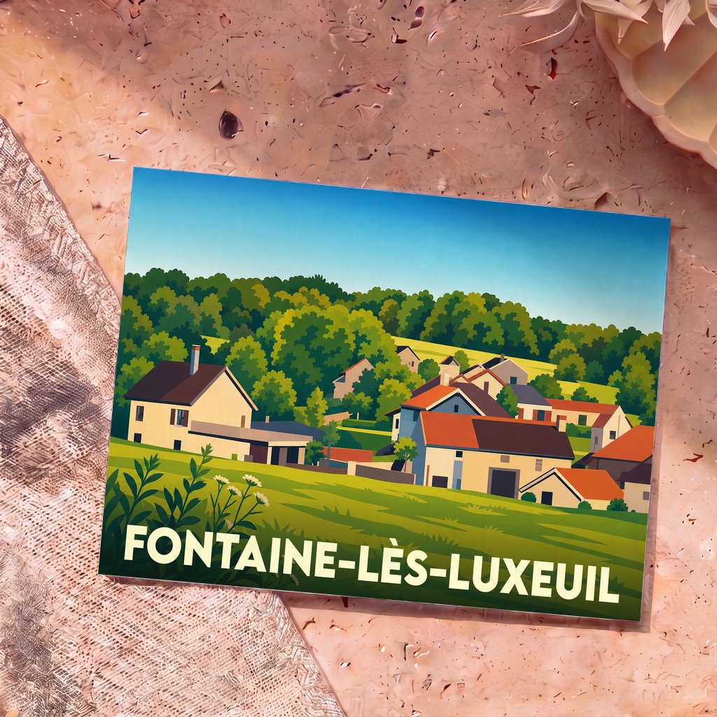 Carte postale souvenir de Fontaine-lès-Luxeuil arborant une illustration colorée et stylisée de ses maisons et de sa campagne verdoyante.