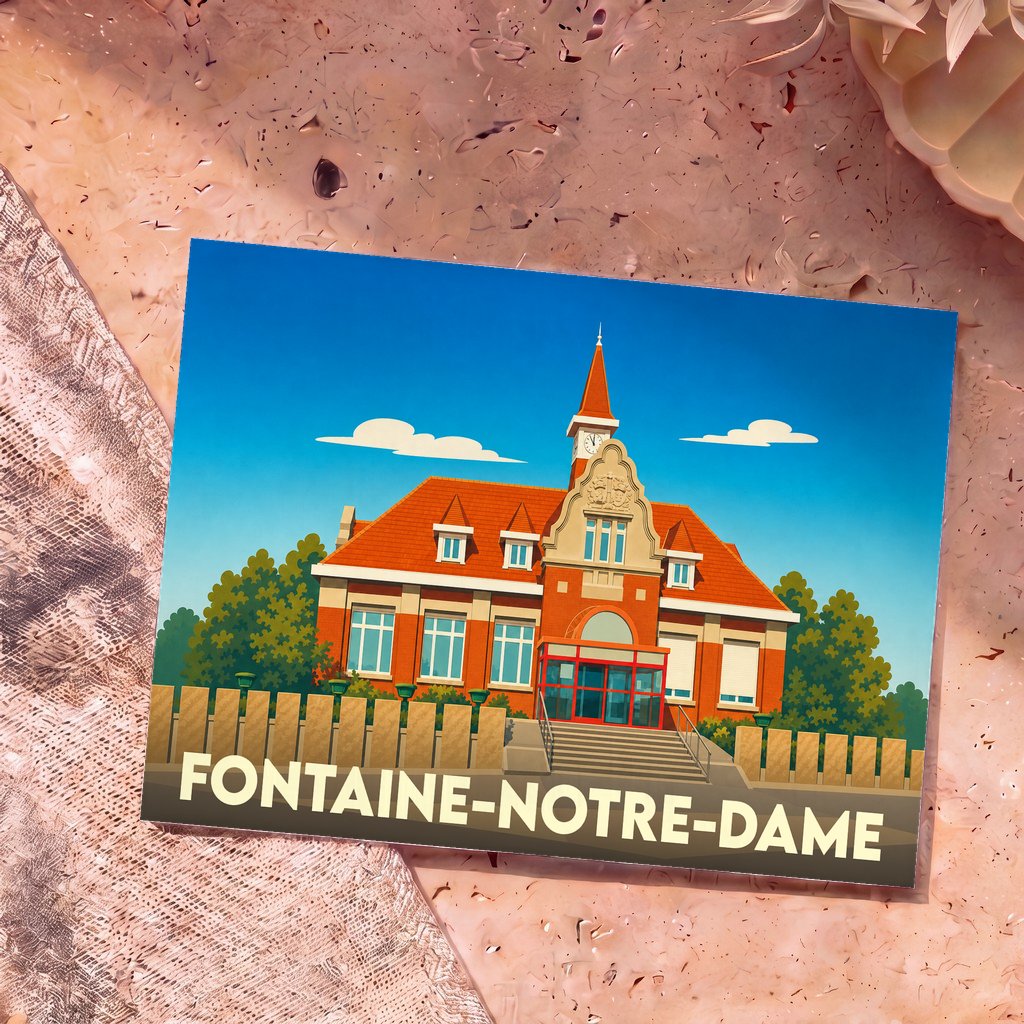 Carte postale souvenir de la ville de Fontaine-Notre-Dame illustrant l'hôtel de ville dans un style graphique épuré.