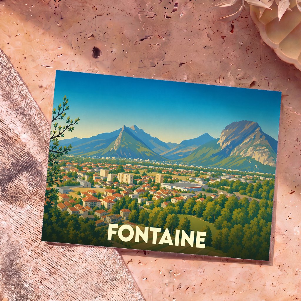 Carte postale souvenir de la ville de Fontaine avec une illustration stylisée d'un paysage urbain au pied des montagnes.