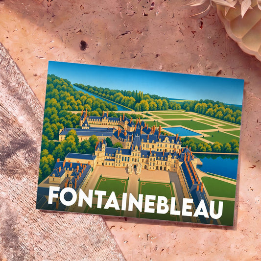 Carte postale souvenir de la ville de Fontainebleau représentant son château avec une illustration stylisée.