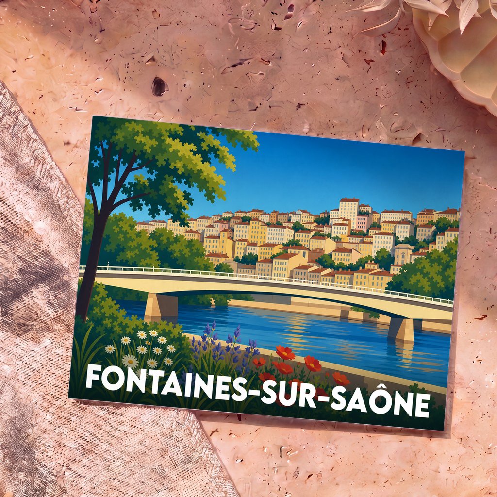 Carte postale souvenir de la ville de Fontaines-sur-Saône avec une illustration stylisée.