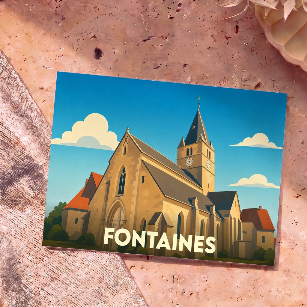 Carte postale souvenir de la ville de Fontaines avec une illustration stylisée d'une église sous un ciel bleu.