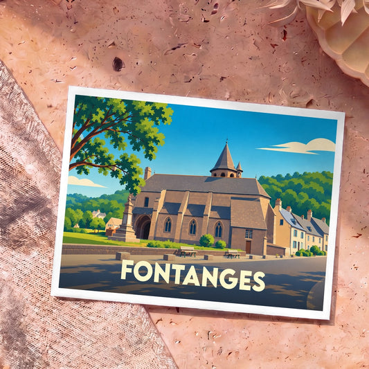 Carte postale souvenir de la ville de Fontanges avec une illustration stylisée de son église et de ses maisons.
