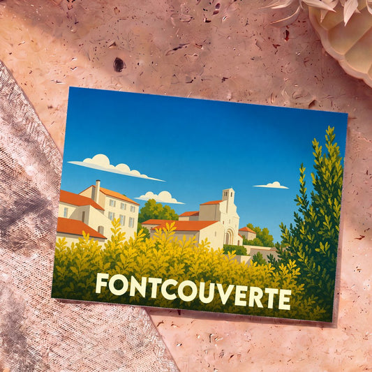 Carte postale souvenir de la ville de Fontcouverte avec une illustration stylisée et colorée.