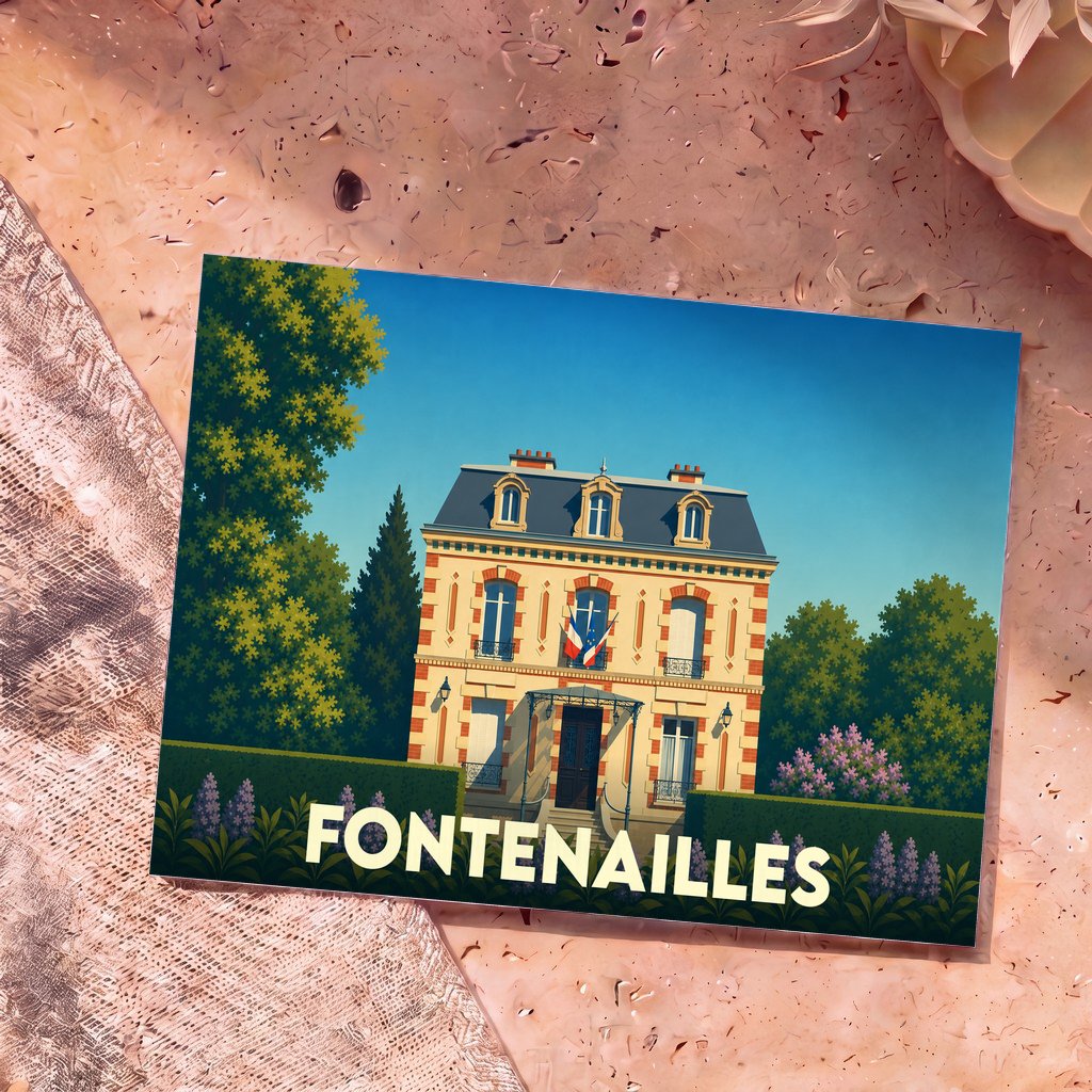 Carte postale souvenir de la ville de Fontenailles illustrant la mairie dans un style graphique épuré.