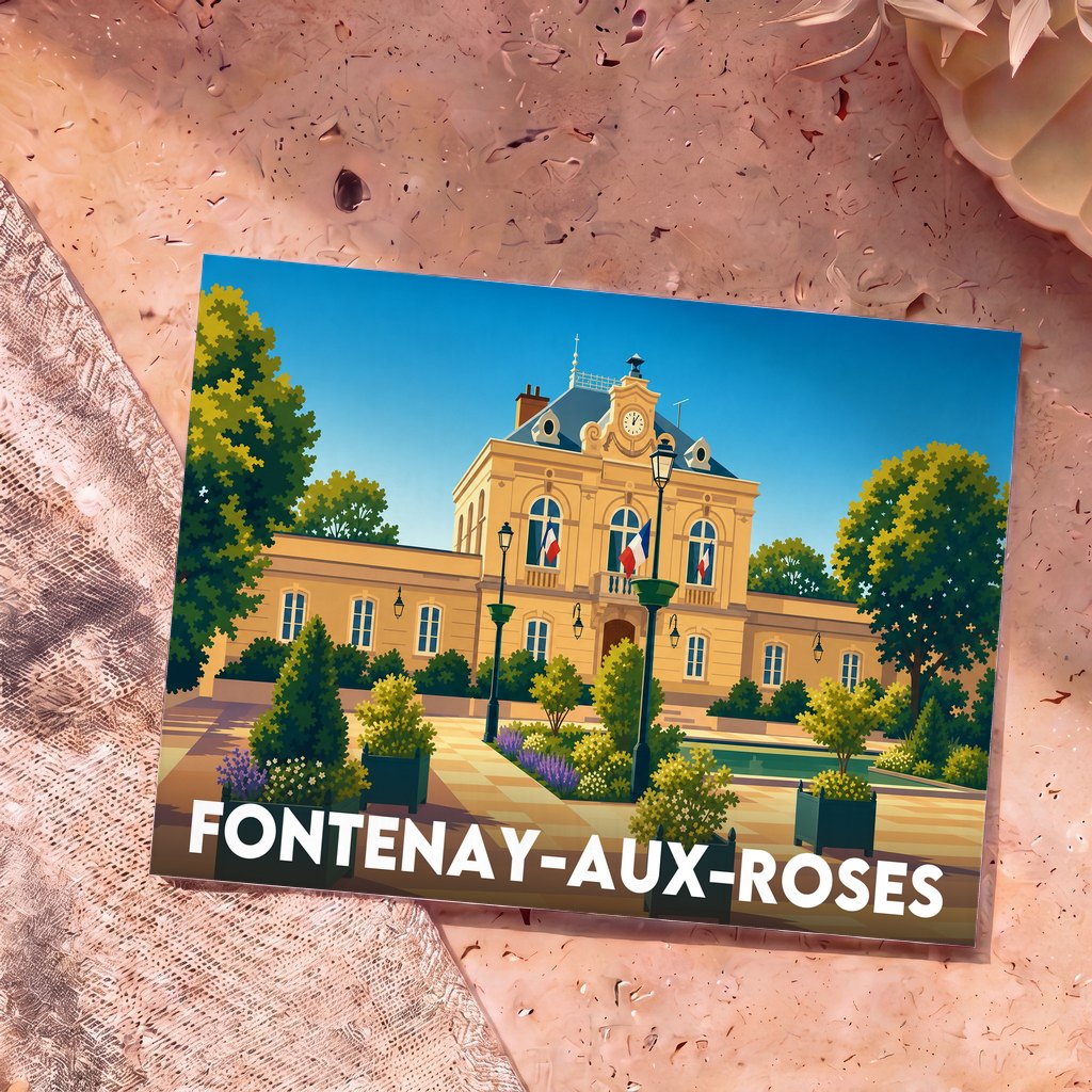 Carte postale souvenir de la ville de Fontenay-aux-Roses avec une illustration colorée et stylisée de l'hôtel de ville.