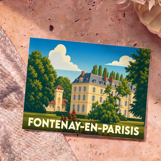 Carte postale souvenir de la ville de Fontenay-en-Parisis avec une illustration stylisée d'un château.