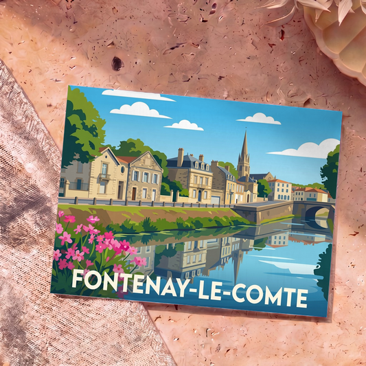 Carte postale souvenir de la ville de Fontenay-le-Comte avec une illustration stylisée des bords de la Vendée.