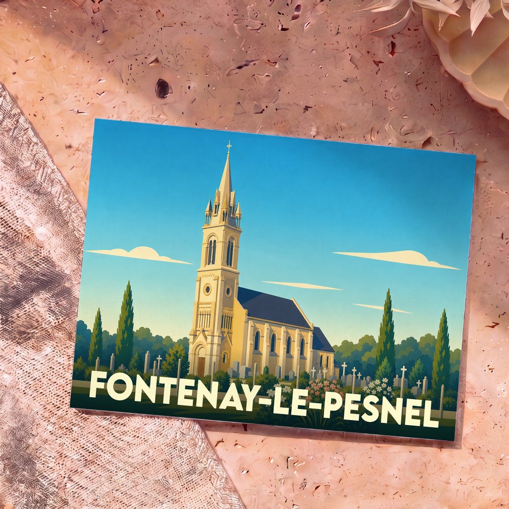Carte postale souvenir de la ville de Fontenay-le-Pesnel avec une illustration stylisée de son église et son cimetière.