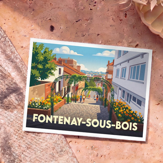 Carte postale souvenir de Fontenay-sous-Bois illustrant une ruelle pavée et fleurie dans un style graphique épuré.
