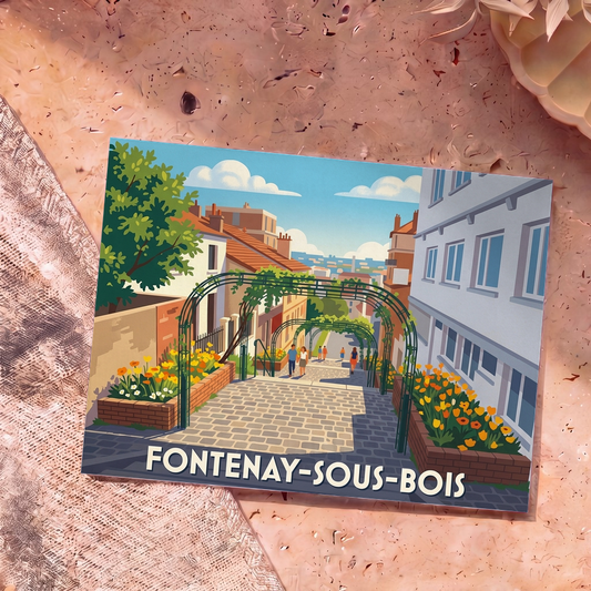 Carte postale souvenir de Fontenay-sous-Bois illustrant une ruelle pavée et fleurie dans un style graphique épuré.