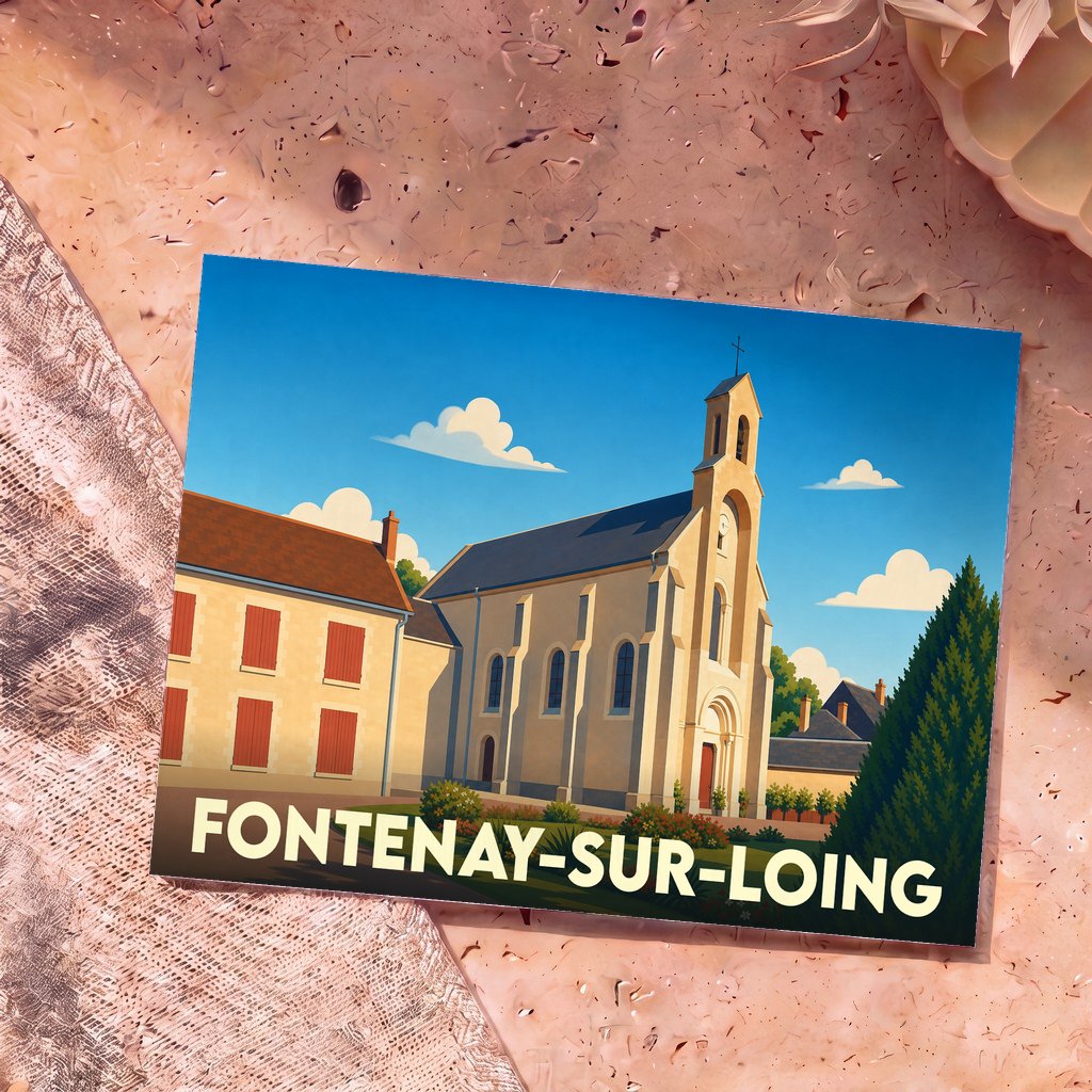 Carte postale souvenir de Fontenay-sur-Loing présentant une illustration stylisée de son église sous un ciel bleu.