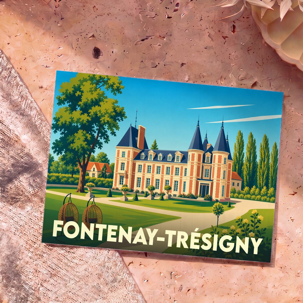 Carte postale souvenir de la ville de Fontenay-Trésigny avec une illustration stylisée de son château.