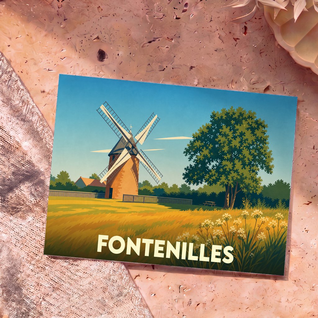 Carte postale souvenir de la ville de Fontenilles avec une illustration stylisée représentant un moulin à vent et un grand arbre.