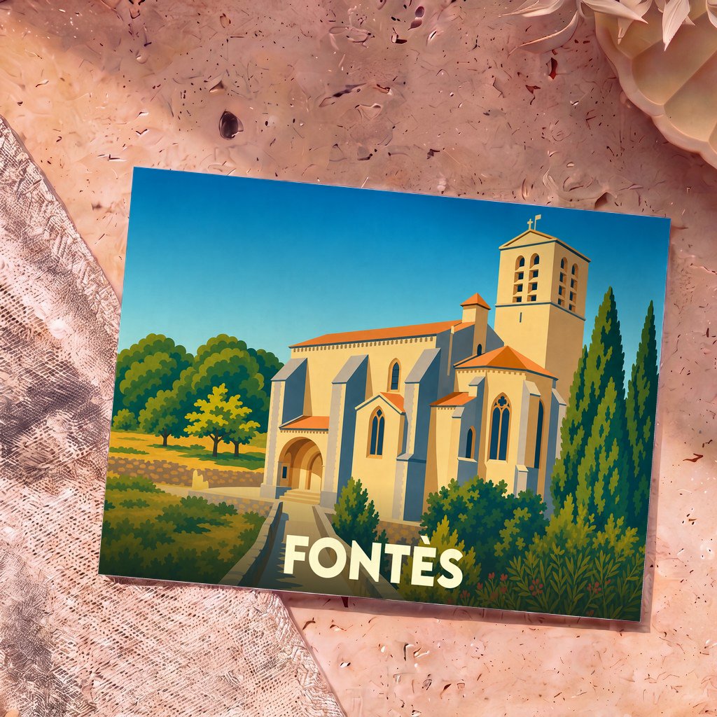 Carte postale souvenir de la ville de Fontès avec une illustration stylisée de son église et de sa végétation.