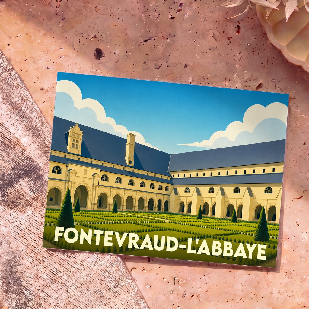 Carte postale souvenir de Fontevraud-l'Abbaye illustrant son abbaye royale dans un style graphique épuré.