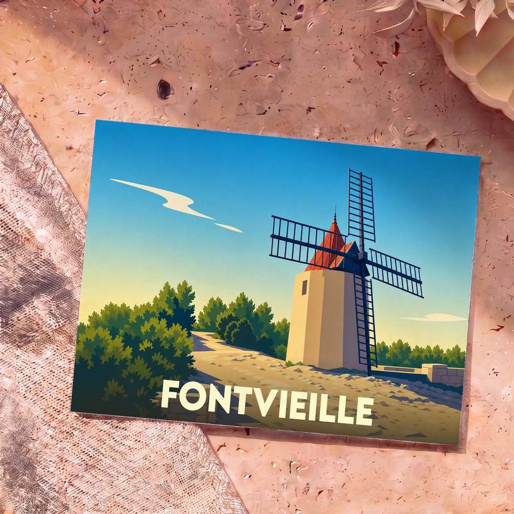 Carte postale souvenir de la ville de Fontvieille illustrant un moulin provençal typique dans un style épuré.