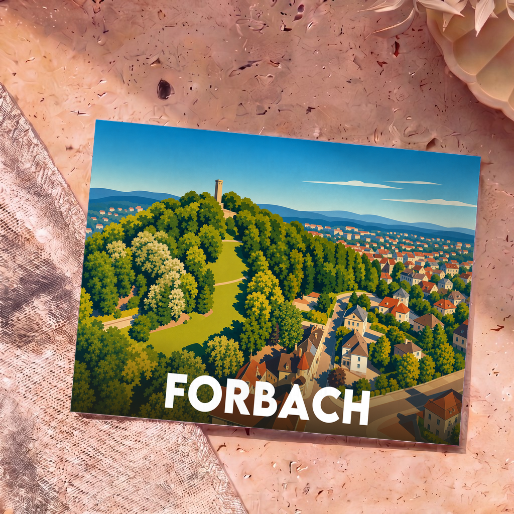 Carte postale souvenir de la ville de Forbach avec une illustration stylisée représentant sa colline boisée, sa tour emblématique et ses habitations.
