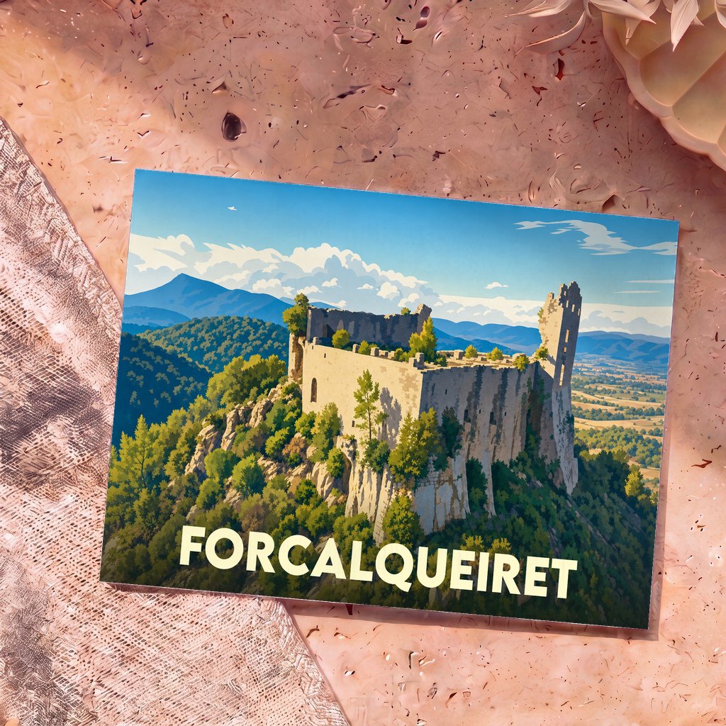 Carte postale souvenir de la ville de Forcalqueiret avec une illustration stylisée de son château en ruines.