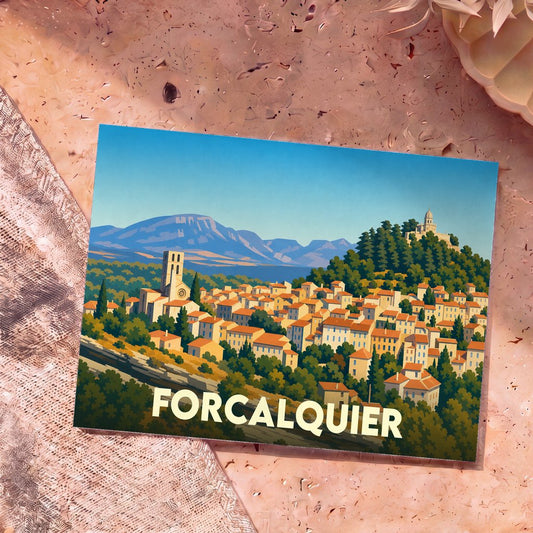 Carte postale souvenir de la ville de Forcalquier avec une illustration stylisée et colorée.