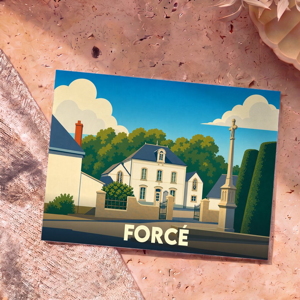 Carte postale souvenir de la ville de Forcé présentant une illustration stylisée d'une demeure traditionnelle et d'un calvaire.