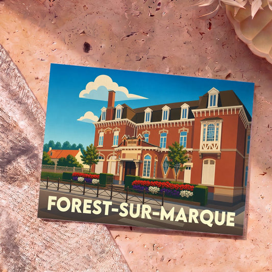 Carte postale souvenir de la ville de Forest-sur-Marque illustrant un grand bâtiment en briques rouges.